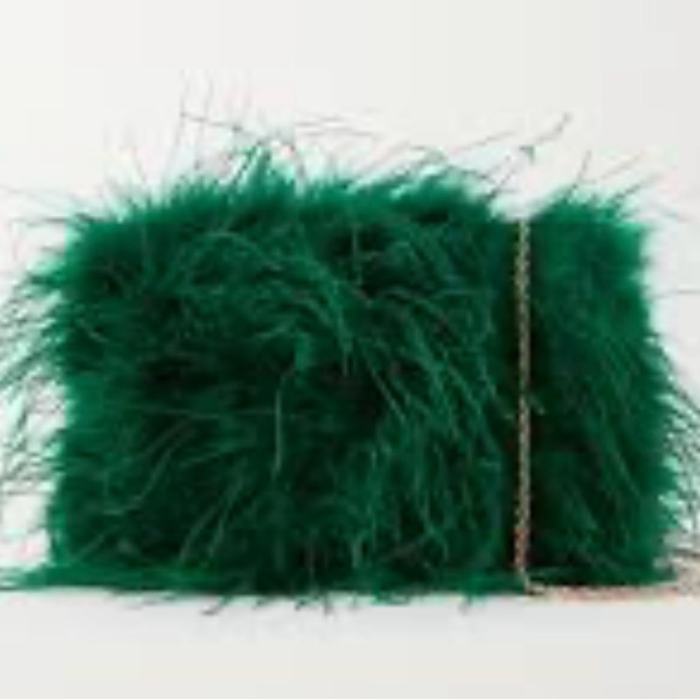 NWT Loeffler Randall Zahara Feather Trim Satin Bag Green
